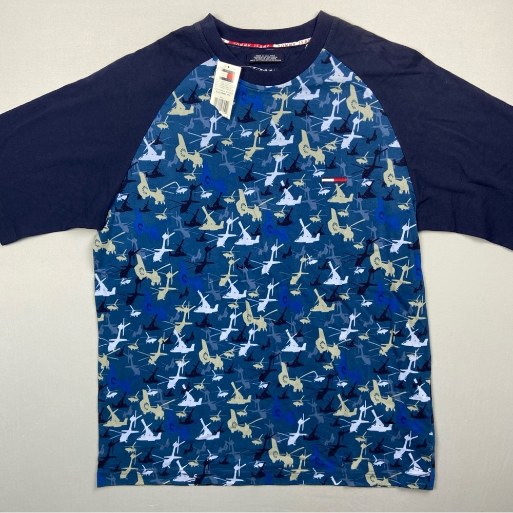 Vintage Tommy Jeans Shirt AOP Helicopter Men’s Large Cotton 1/2 Sleeve Blue Y2K